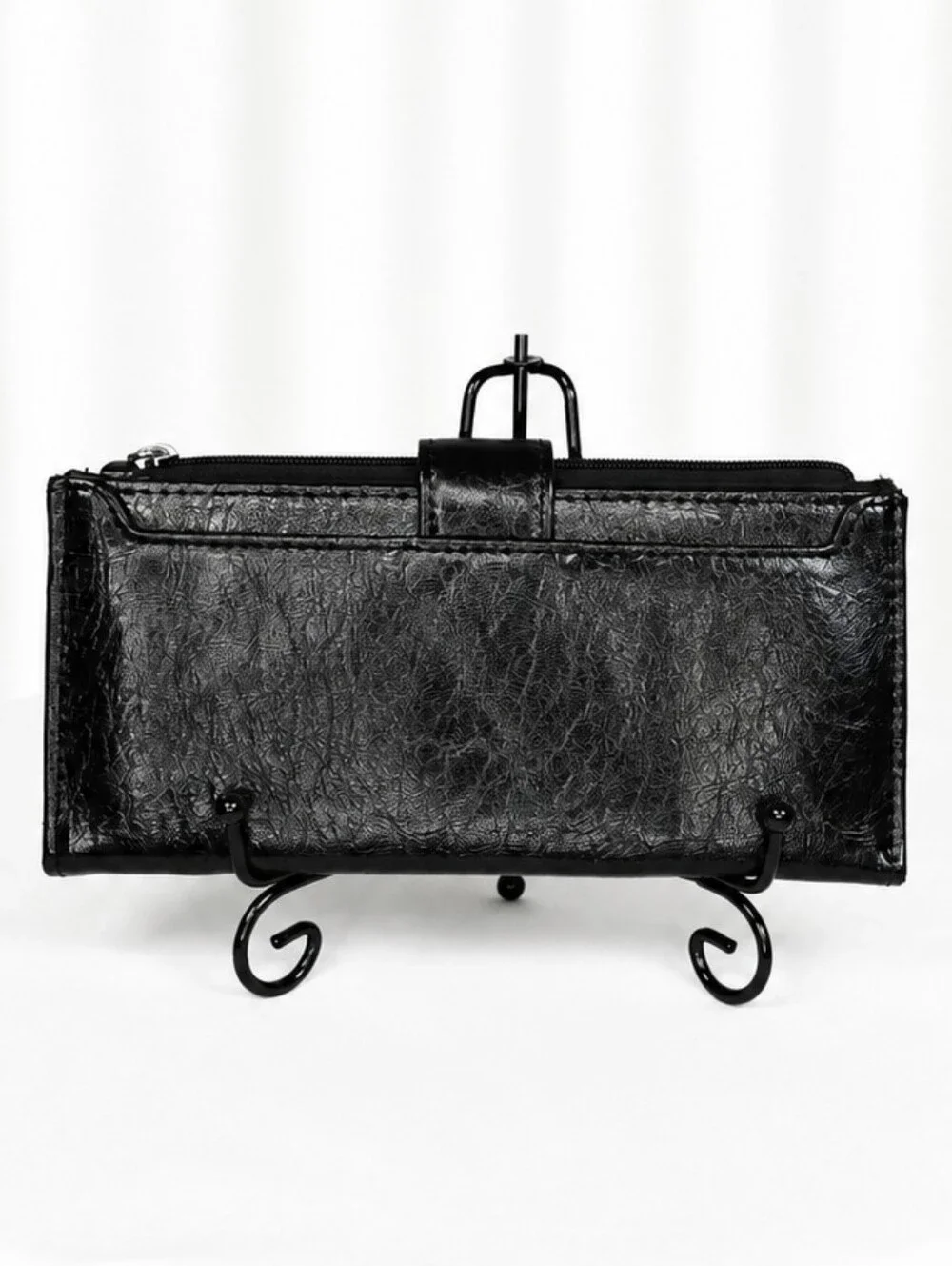👜 Black Faux Leather Textured Bifold Organizer Wallet Zip Snap GUC